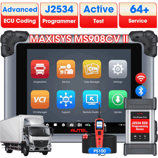 Autel Maxisys MS908CV II 2025 Heavy Duty Truck Scanner with J2534 ECU Programming, Diesel & Gasoline Scan Tool, Advanced ECU Coding, All System Diagnosis, Active Test, 64+ Service, Upgraded Ver. Of MS908CV
