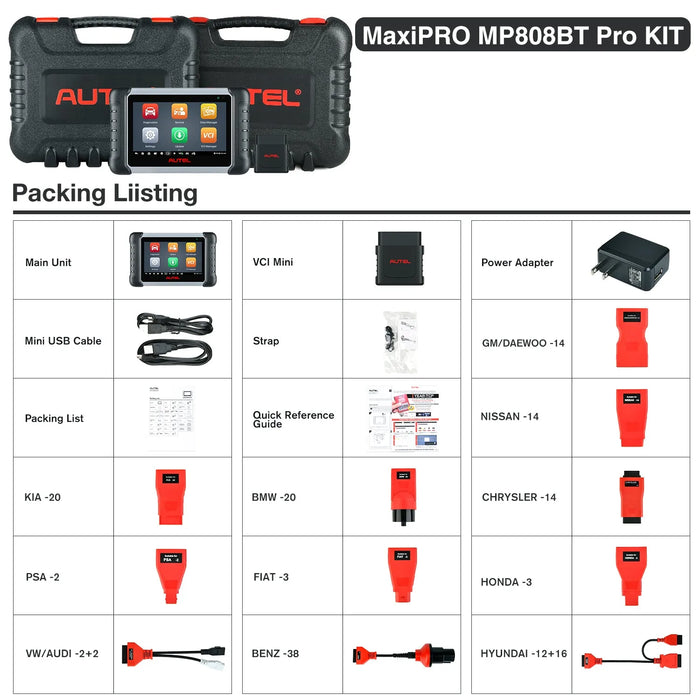 【2-Year Free Update】Autel MaxiPRO MP808BT PRO KIT Automotive Full System Diagnostic Scanner with OBD1 Adapters, Supports Wireless Connection, Bi-Directional Control, 36 + Services