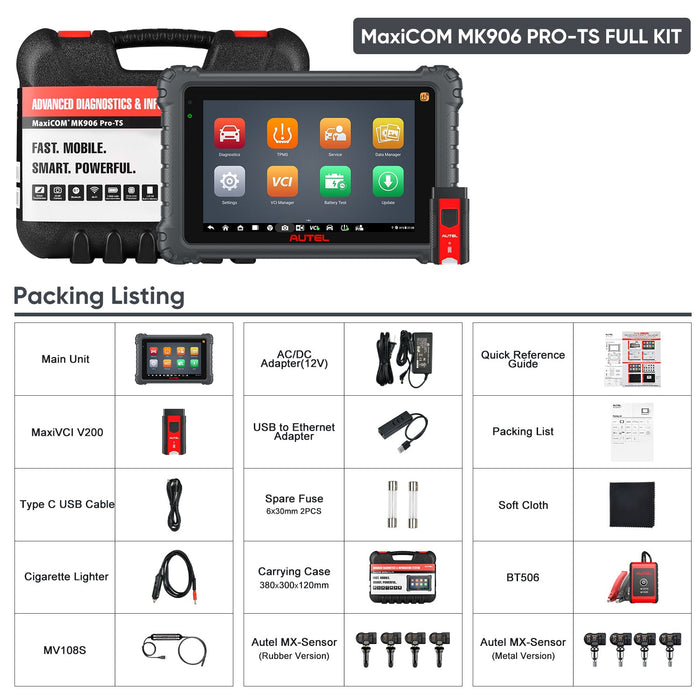 Autel MaxiCOM MK906 Pro-TS / MK906S Pro-TS Full Kit with Autel MV108S & BT506, Full TPMS Functions, Advanced ECU Coding, Bi-Directional Control, Auto Scan 2.0, 36+ Services, Plus 4PCS Metal MX-Sensor & 4PCS Rubber MX-Sensor