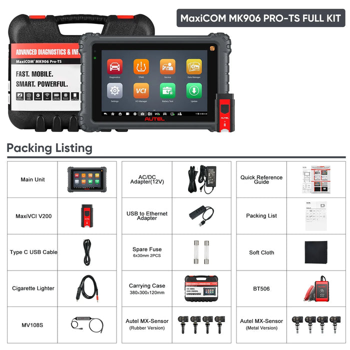 Autel MaxiCOM MK906S Pro2-TS / MK906S Pro-TS Full Kit with Autel MV108S & BT506, Full TPMS Functions, Advanced ECU Coding, Bi-Directional Control, Auto Scan 2.0, 36+ Services, Plus 4PCS Metal MX-Sensor & 4PCS Rubber MX-Sensor
