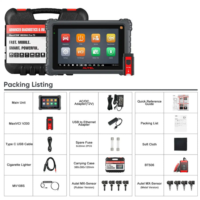 Autel MaxiCOM MK906 Pro2-TS / MK906S Pro2-TS Full Kit with Autel MV108S & BT506, Full TPMS Functions, Advanced ECU Coding, Bi-Directional Control, Auto Scan 2.0, 36+ Services, Plus 4PCS Metal MX-Sensor & 4PCS Rubber MX-Sensor
