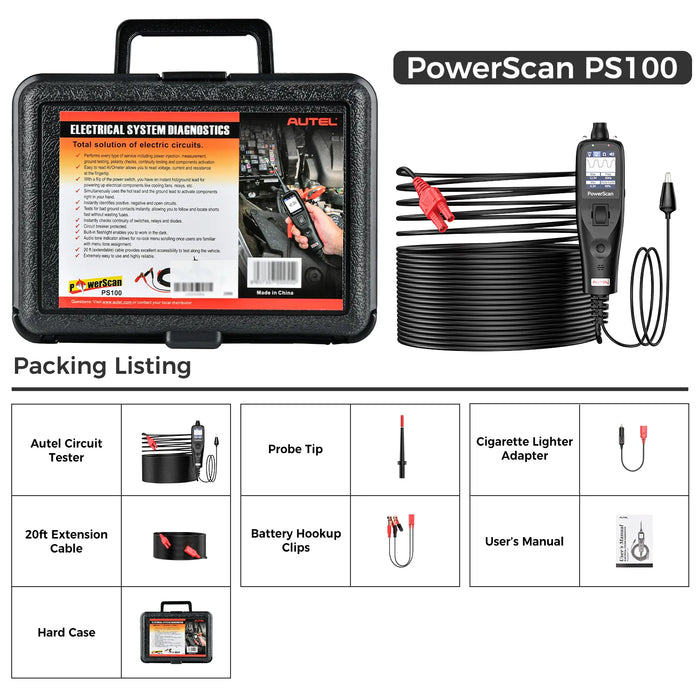 Autel PowerScan PS100 Circuit Tester-Black, Power Circuit Probe Tool, 12-24V Electrical Short Open Breaker Circuit Finder, AC/DC Current Resistance, Duty Cycle, & 20FT Extension Cord, for 99% Cars