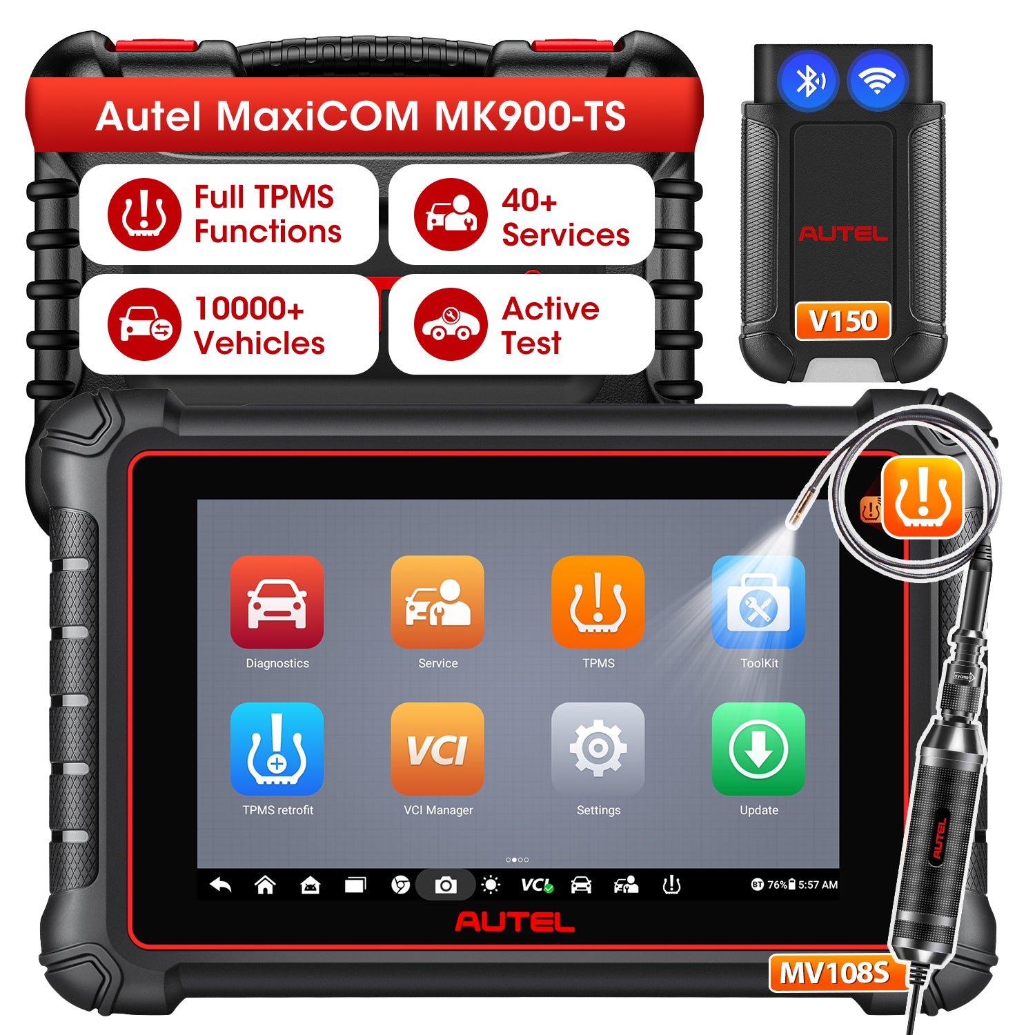 Autel MaxiCOM MK900TS Wireless TPMS Diagnostic Scanner with Android 11.0, Full TPMS Functions, All Systems Diagnostics, Bi-Directional Control, Support DoIP/CAN FD Protocols, 40+ Services, Upgraded of MK808TS