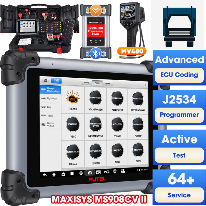 Autel Maxisys MS908CV II 2025 Heavy Duty Truck Scanner with J2534 ECU Programming, Diesel & Gasoline Scan Tool, Advanced ECU Coding, All System Diagnosis, Active Test, 64+ Service, Upgraded Ver. Of MS908CV